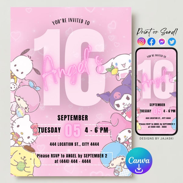 Kawaii Characters Birthday Invitation, Kitty Birthday Invitation, Kitty and friends birthday invitation, editable template, editable canva