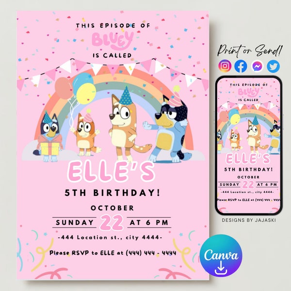 Blue dog birthday invitation, boys birthday party, childrens birthday party, digital birthday invitation, blue dog decor, editable invite