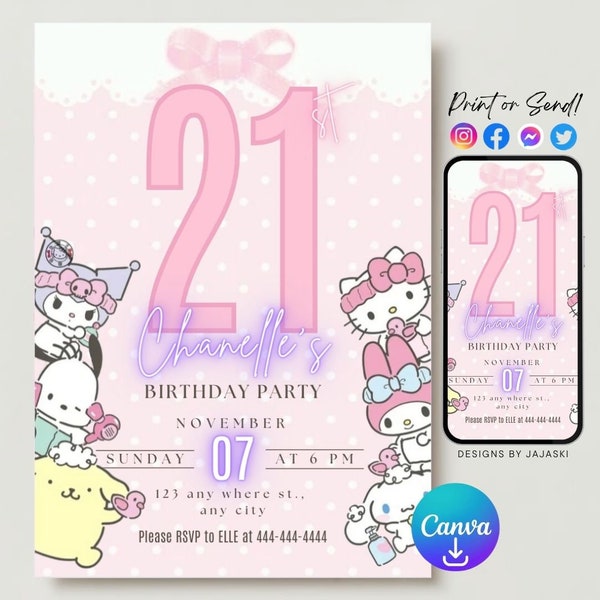 Kawaii Characters Birthday Invitation, Kitty Birthday Invitation, Kitty and friends birthday invitation, editable template, editable canva