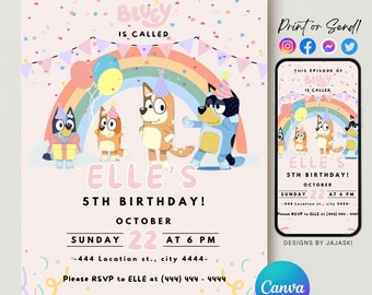 Girls blue dog birthday invitation, girls birthday party, childrens birthday party, digital birthday invitation, blue dog decor, editable