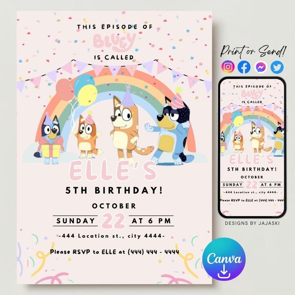 Girls blue dog birthday invitation, girls birthday party, childrens birthday party, digital birthday invitation, blue dog decor, editable