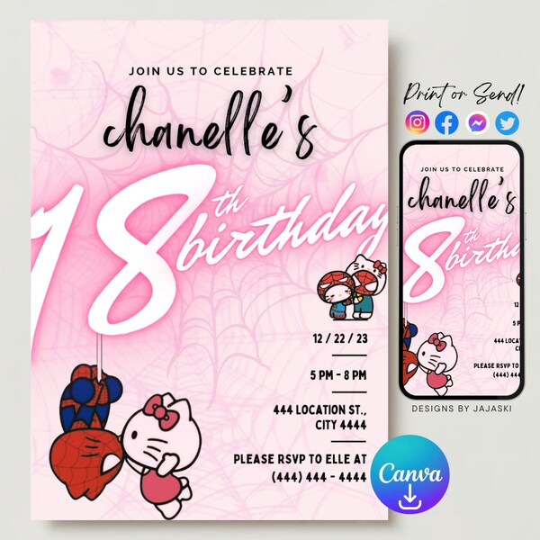 Kitty and Spiderman Birthday Invitation, Anniversary, Date Itinerary, Kitty and Spiderman Aesthetic, Kawaii Invite, Couples Invite, Birthday