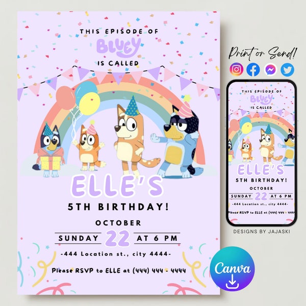 Invitation d'anniversaire de chien bleu de filles, fête d'anniversaire de filles, fête d'anniversaire d'enfants, invitation d'anniversaire numérique, décor de chien bleu, modifiable