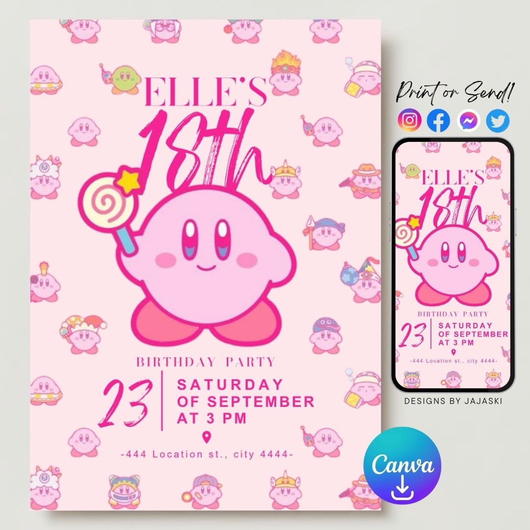 Kirby Birthday Invitation Kirby Theme Kirby Party Kirby Etsy Australia