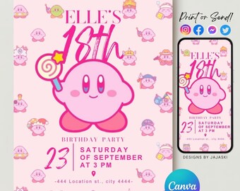 Kirby Birthday Invitation, Kirby theme, Kirby Party, Kirby products, Kirby decorations, editable invitation, girls birthday, boys birthday