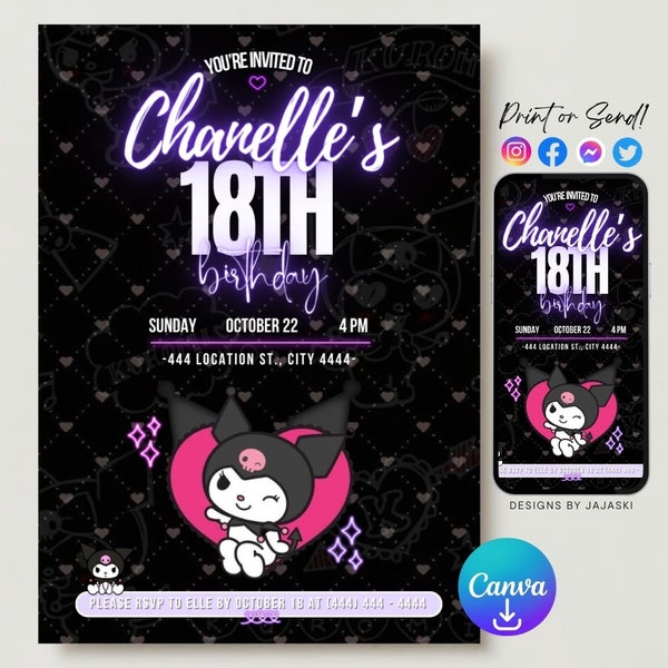 Kawaii Characters Birthday Invitation, Kitty Birthday Invitation, Kitty and friends birthday invitation, editable template, Birthday girl