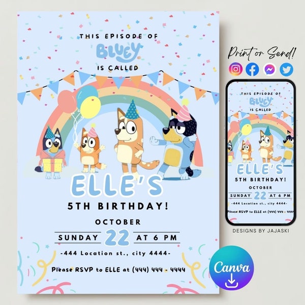 Blue dog birthday invitation, boys birthday party, childrens birthday party, digital birthday invitation, blue dog decor, editable invite