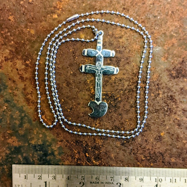 Pueblo Crucifix etched in stainless steel with chain I Southwest I cross pendant I unique design I Catholic men's gift I Native American