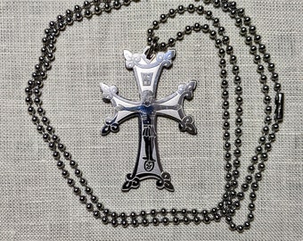 Armenian Khachkar Crucifix etched in Stainless Steel w/ chain I Catholic gift I traditional design I knotwork I Middle Eastern Christian