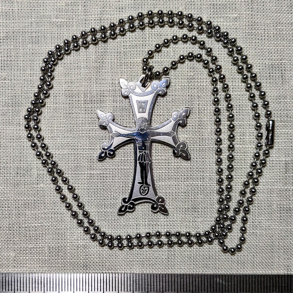 Armenian Khachkar Crucifix etched in Stainless Steel w/ chain I Catholic gift I traditional design I knotwork I Middle Eastern Christian