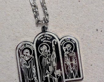 Patron Saints of Ireland Medal, etched in stainless steel | St Patrick Medal | St Brigid | Harry Clarke