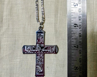 Mt Athos Cross, etched in stainless steel with the Baptism of Christ I St John the Baptist and Theotokos I Four Evangelists I Deisis I Mary