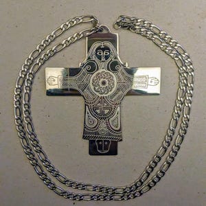 Celtic Pectoral Cross, etched in stainless steel with chain | Manx | episcopal crucifix | Gaelic | large | bishop | abbot | Longinus