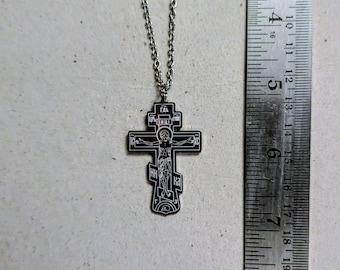 Small Russian Priestly Cross, with the Theotokos  | etched in stainless steel with a chain | gift | Orthodox crucifix