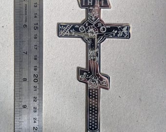 Cruz de bendición ortodoxa rusa, grabada en acero inoxidable / Nuestra Señora de Pokrov / Católica oriental / Bizantina / Ucraniana