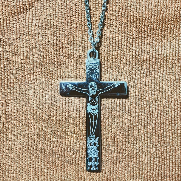 Elizabethan Strapwork Crucifix in Stainless Steel with Chain I Jacobean I 16th century I intricate knotwork decoration I organic pattern