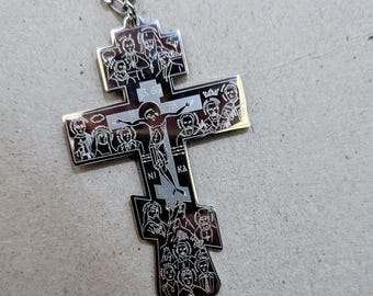 Large pectoral cross, etched in stainless steel on chain, featuring saints from the twentieth century | Our Lady of Fatima | clergy | bishop