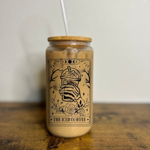 Personalized Iced Coffee Tumbler | 16 ounce Glass Can Soda Cup with Straw | Bridesmaid Gift | Friends Gift | Tarot Card Coffee & Beer Cup