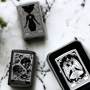 Engraved Tarot Card Lighter, Black Refillable Lighter, Gothic Gift, Spiritual Gift