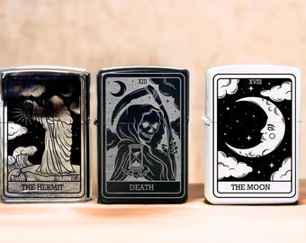 Engraved Tarot Card Lighter, Gothic Accessories, Sun, Moon, Lovers