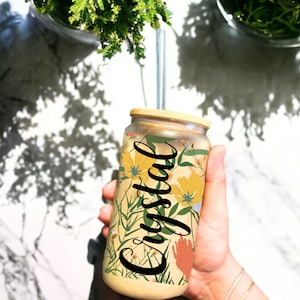 Floral Personalized Iced Coffee Cup, Custom Can Glass with Lid and Straw, Bridesmaid Gift, Bachelorette Glass Cup, Bridesmaid Proposal