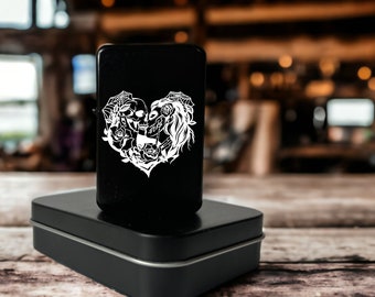 Engraved Black Lighter: Skull Lovers Design, Refillable Flip Top