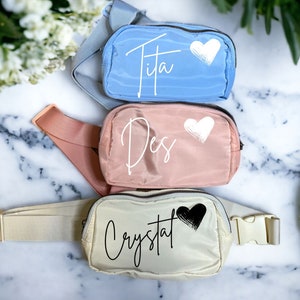 Personalized Name Heart Belt Bag, Bridesmaid Gift, Vinyl Fanny Pack