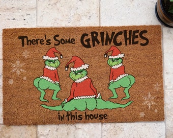 Christmas doormat, Funny Christmas Doormat, Funny Grinch door mat, Vintage Grinch doormat, Theres some grinches in this house,