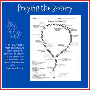 Może przedstawiać: Biały arkusz instruktażowy zatytułowany Praying the Rosary z czarnym rysunkiem liniowym różańca i tekstem opisującym kroki modlitwy. Strona zawiera cytat papieża św. Piusa X oraz grafikę złożonych do modlitwy dłoni na niebieskim tle.