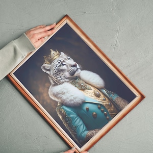 May include: A framed portrait of a snow leopard wearing a gold crown and a teal and gold jacket with a white fur collar.