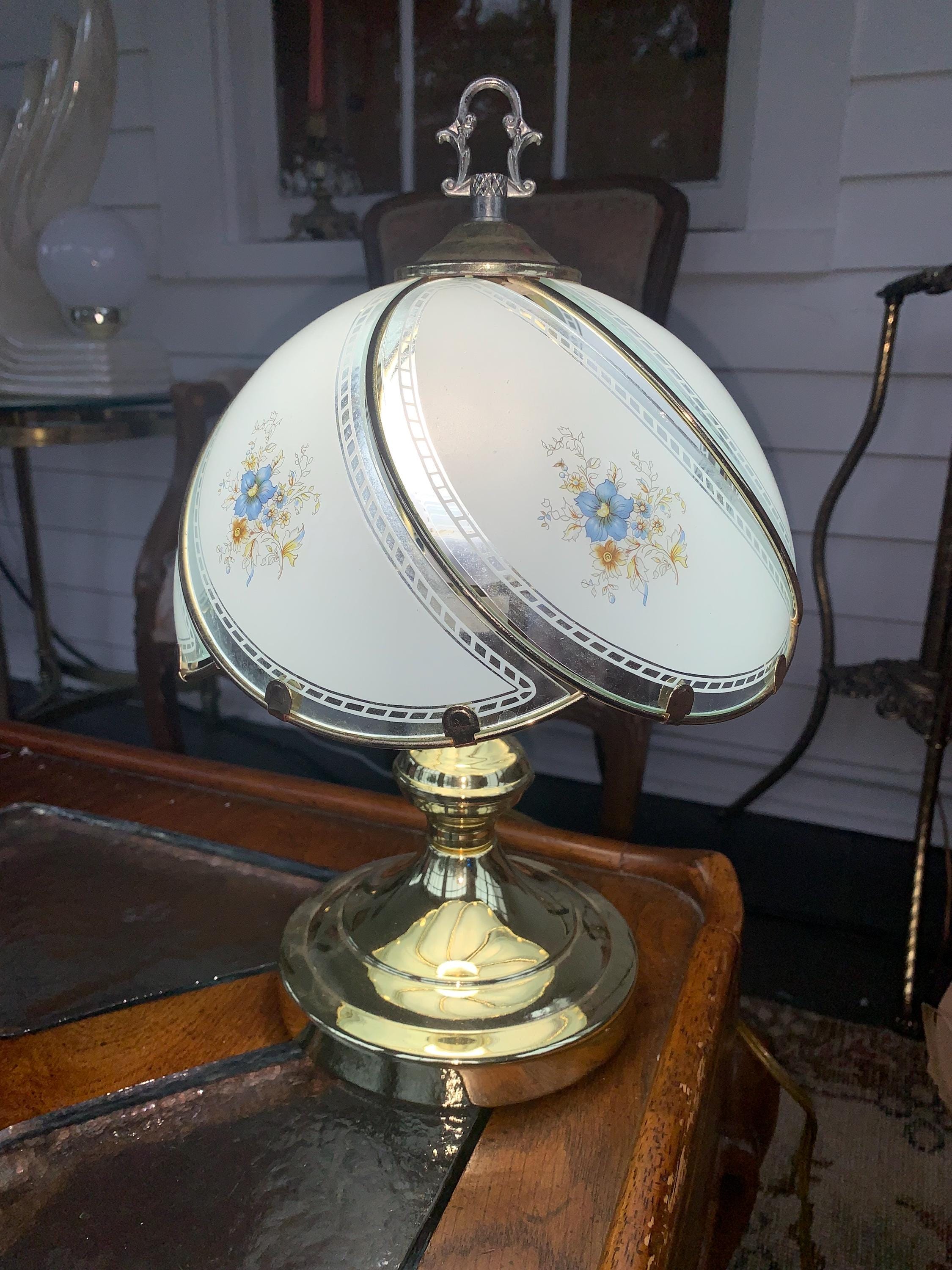 Vintage 80s Touch Lamp 14 inches Glass Panels Brass Tone Base Light Blue Floral Tested