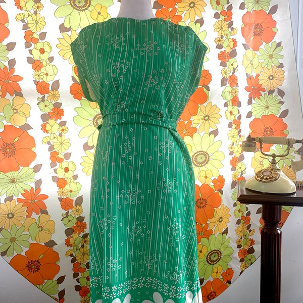 vintage 60s retro flower power green daisy dress size 8 / medium