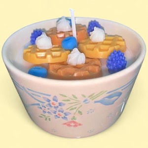 handmade blueberry waffle candle made from vintage 80s corningware cup