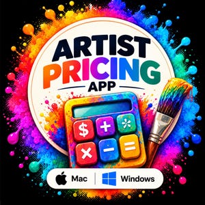 Może przedstawiać: Okrągłe logo z napisem ARTIST PRICING APP pogrubioną czcionką, umieszczonym nad kolorową ikoną kalkulatora i pędzlem. Projekt otaczają żywe plamy farby na czarnym tle, z widocznymi ikonami systemów Mac i Windows.