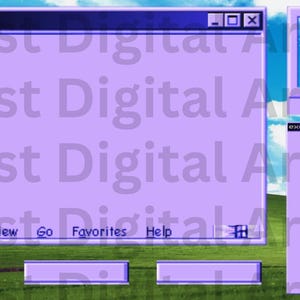 Peut inclure: Une impression d'art numérique représentant une interface informatique rétro dans des tons violets. L'image comprend plusieurs fenêtres étiquetées "exe.game" et "exe.chat", avec un fond de ciel et d'herbe. Le texte "Ghost Digital Art Co" est en filigrane.