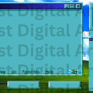 Pode incluir: Impressão de arte digital com uma interface de computador retrô com o texto "exe.game" no topo. O design inclui uma janela grande, uma janela de chat e um monitor, todos em tons de azul contra um fundo de céu.