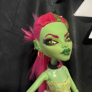 Peut inclure: Une poupée verte et rose avec des yeux verts et une fleur verte et jaune autour du cou. Elle porte un haut vert et jaune et a une fleur verte et jaune autour du cou.