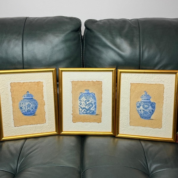 Akwarela w stylu vintage w stylu chinoiserie, niebieski biały słoik imbiru, smok i feniks