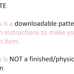 Pode incluir: Fundo branco com texto preto e rosa. O texto diz "NOTA" no topo. Abaixo, afirma que este &eacute; um padr&atilde;o para download com instru&ccedil;&otilde;es para fazer seu pr&oacute;prio item. N&atilde;o &eacute; um item f&iacute;sico acabado.