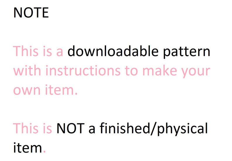 Pode incluir: Fundo branco com texto preto e rosa. O texto diz "NOTA" no topo. Abaixo, afirma que este &eacute; um padr&atilde;o para download com instru&ccedil;&otilde;es para fazer seu pr&oacute;prio item. N&atilde;o &eacute; um item f&iacute;sico acabado.