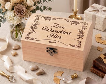 Schatzkiste mit Gravur personalisiert, Holzbox mit Wunschtext, Erinnerungsbox in 3 Größen & 12 Designs, Geschenkbox Taufe, Hochzeit, Baby