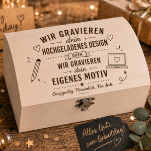 Personalisierte Holzbox mit Gravur | Eigenes Motiv hochladen | Erinnerungsbox | Schatztruhe | Geschenk Hochzeit, Geburtstag, Ruhestand usw.