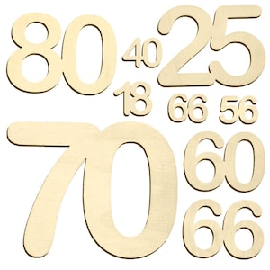 Könnte beinhalten: Eine Sammlung von Holzzahlen in verschiedenen Größen und Schriftarten. Zu den Zahlen gehören 80, 25, 40, 18, 66, 56, 70, 60 und 66. Die Zahlen sind hellbeige und scheinen aus Holz geschnitten zu sein.