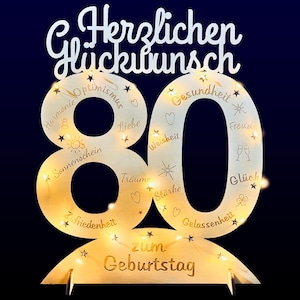 80. Geburtstag Geschenk Aufsteller Zahlendeko XXL Zahl 80 mit LED Lichterkette aus Holz mit Gravur der schönsten Wünsche + Standfuß