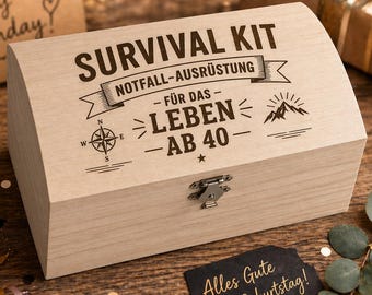 Scrigno del tesoro per il 40° compleanno: Kit di sopravvivenza con equipaggiamento di emergenza | Regalo divertente con incisione | Scatola di legno personalizzata | 2 misure (contenuto non incluso)