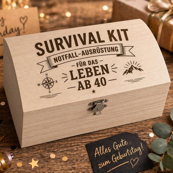 Cofre del tesoro para el 40 cumpleaños: Kit de supervivencia y equipo de emergencia | Regalo divertido con grabado | Caja de madera personalizada | 2 tamaños (contenido no incluido)