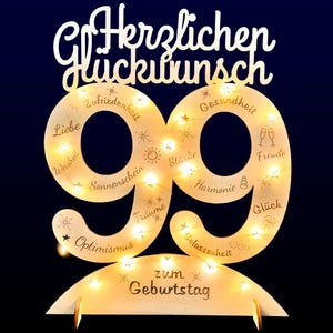 Support cadeau 99e anniversaire numéro décoration XXL numéro 99 avec guirlande lumineuse LED en bois avec gravure des plus beaux vœux + support