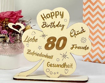 Glücks-Kleeblatt 80. Geburtstag als Geschenk Mann o. Frau zum Geburtstag - Aus Holz gelasert mit gravierten lieben Wünschen, Geldgeschenk