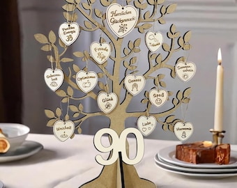 Tree of Life 90th Birthday with 17 Engraved Wish Hearts, Wooden Card