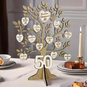 Lebensbaum 50. Geburtstag mit 17 gravierten Wünsche-Herzchen, Holzkarte - Geschenk u. Deko für Mann & Frau, Geschenkidee